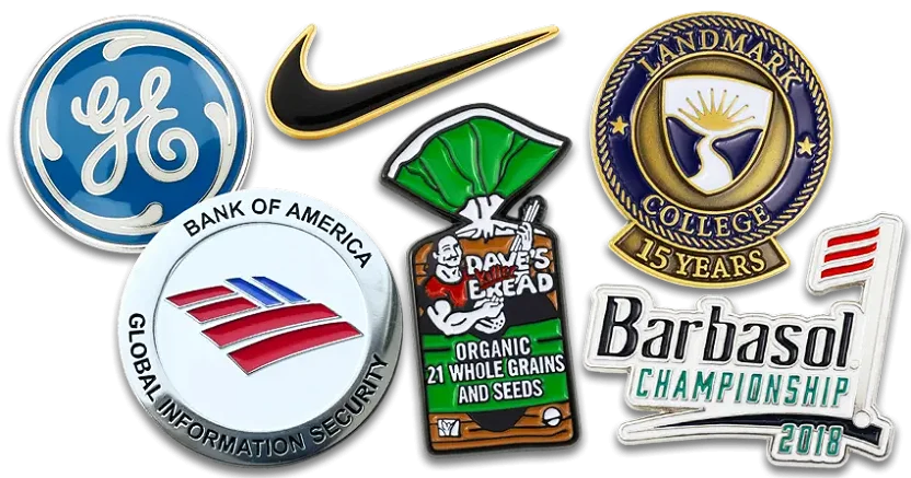 A collection of custom lapel pins showcasing various brands and organizations, including GE, Nike, Bank of America, Dave’s Killer Bread, Landmark College, and the Barbasol Championship. Each pin features a unique design representing corporate identity, event branding, or product promotion.